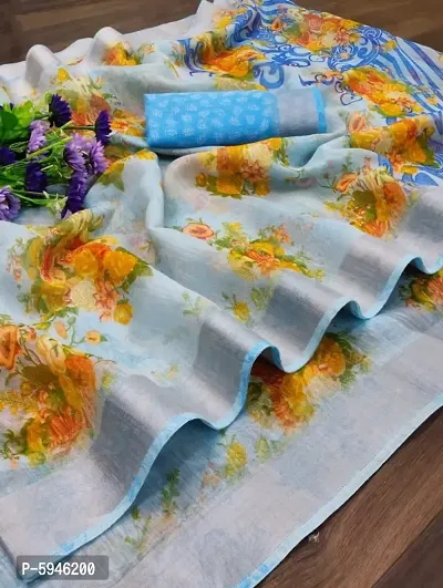 Stunning Cotton Linen Floral Print Women Saree with Blouse piece