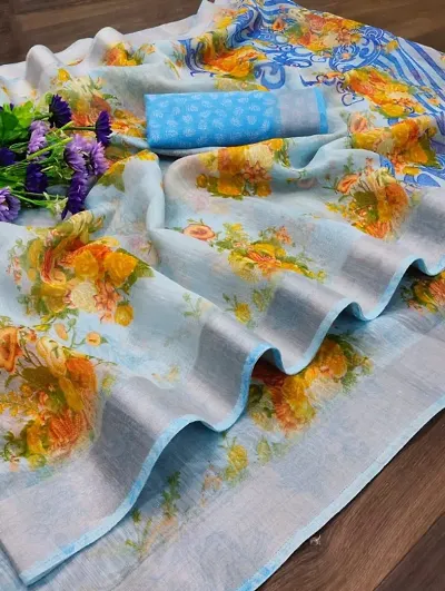 Stunning Cotton Linen Floral Print Saree with Blouse piece