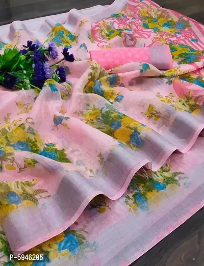 Stunning Cotton Linen Floral Print Women Saree with Blouse piece