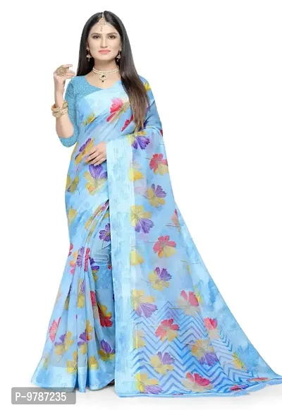 Traditional Printed Cotton Saree With Zari Weaving Border And Blouse Piece (Rangat_Blue)