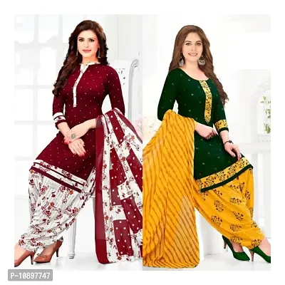 Classic Poly Crepe Printed Dress Material with Dupatta for Women, Pack of 2