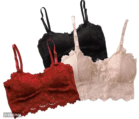 Stylish Fancy Net Lace Lightly Padded Bras For Women Pack Of 3-thumb0