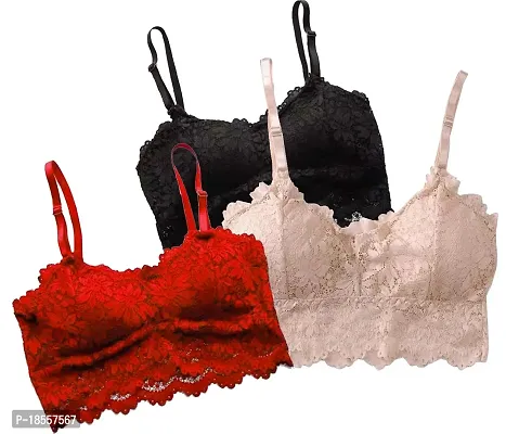 Stylish Fancy Net Lace Lightly Padded Bras For Women Pack Of 3