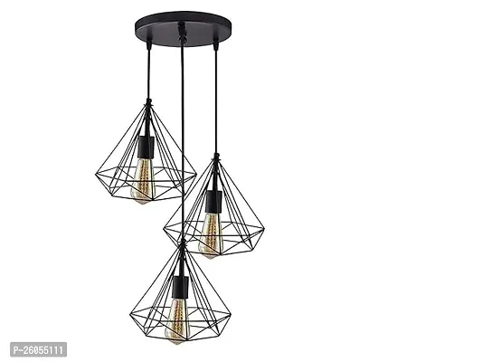 Groeien 3 Lights Cluster Chandelier Diamond Hanging Pendant Light With Braided Cord, Black, Round, Metal-thumb0
