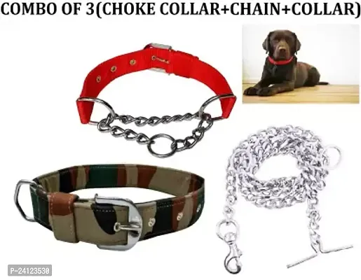 Premium Quality Dog Body Belt Choke Collar+Chain+Collar For All Small Breed Dogs.(Combo Of 3) Dog Collar and Chain(Small, Red,Army)