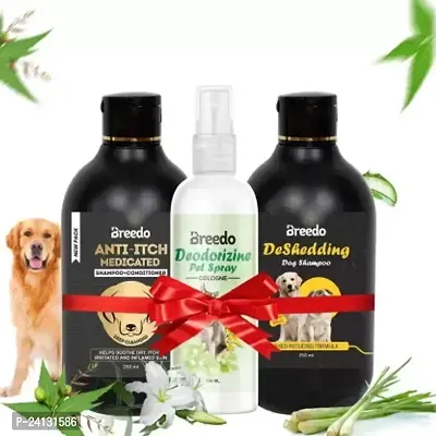 Dog Deshedding Shampoo + Anti-Itch Shampoo + Deodorizine Spray Conditioning, Anti-Fungal, Anti-Microbial, Anti-Itching, Anti-Dandruff Natural Dog Shampoo(600 Ml) Combo Pack