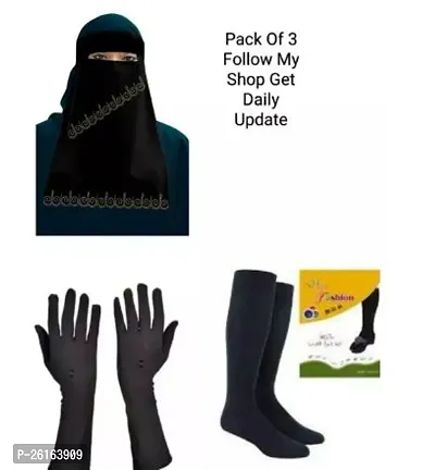 Contemporary Black Chiffon Solid Hijab For Women Pack Of 3 Gloves, Socks And Hijab