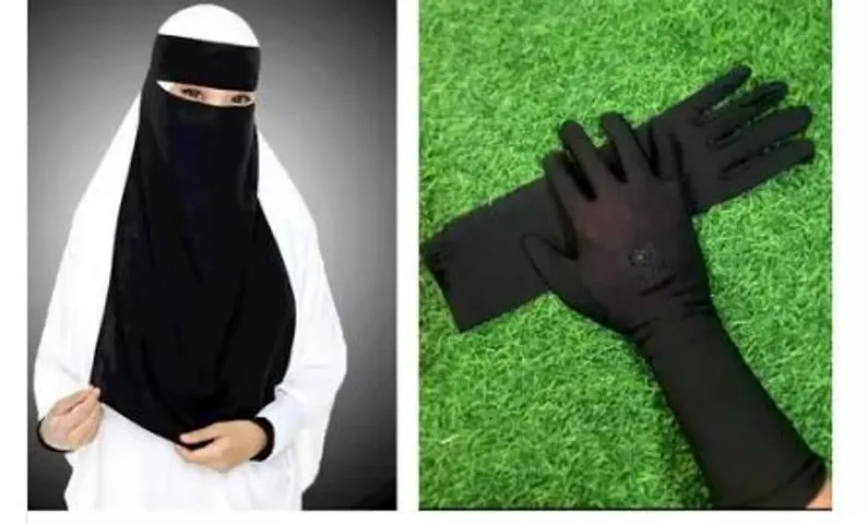 Fancy Chiffon Solid Hijab with Gloves For Women - Pack Of 2