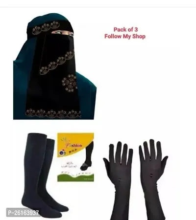 Contemporary Black Chiffon Solid Hijab For Women Pack Of 3 Hijab Gloves And Socks