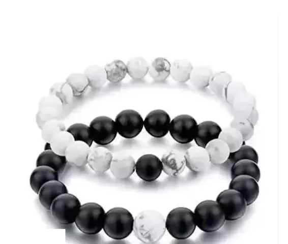 Soni Jewellery Bracelets Multi Layer Tiple Protection Stone Beads Couple-Combo Matching Best Friend Relationship Couple Bracelet White and black 2 Pcs