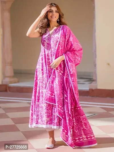 Stylish Pink Cotton Blend Gown With Dupatta For Women-thumb0