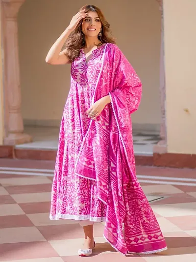 Stylish Pink Cotton Blend Gown With Dupatta For Women
