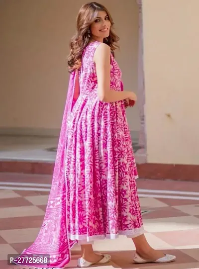 Stylish Pink Cotton Blend Gown With Dupatta For Women-thumb4