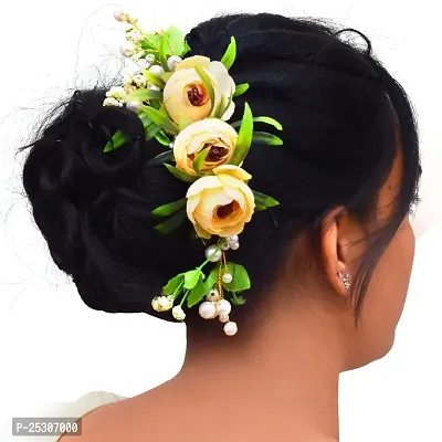 Vanity Glam Bride Wedding Hair Pins Yellow Green Leave Shape Bridal Hair Accessories Pearl Flower Hairstyle Juda Pin For Women and Girls (Pack of 6) (Yellow Green)-thumb0