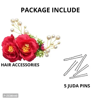 Vanity Glam Kids Attractive Artificial Flower Shaped Wedding Hair Accessories/Hair Pins/Juda Pins for Kids Girls - (Red Green ) (5 Pieces Hair Pins  1 Hair Accessories) (Multiple Styles)-thumb4