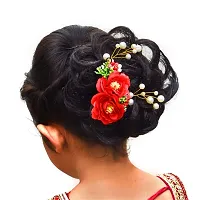 Vanity Glam Kids Attractive Artificial Flower Shaped Wedding Hair Accessories/Hair Pins/Juda Pins for Kids Girls - (Red Green ) (5 Pieces Hair Pins  1 Hair Accessories) (Multiple Styles)-thumb1