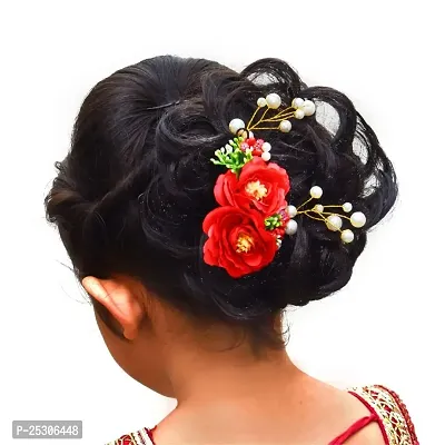 Vanity Glam Kids Attractive Artificial Flower Shaped Wedding Hair Accessories/Hair Pins/Juda Pins for Kids Girls - (Red Green ) (5 Pieces Hair Pins  1 Hair Accessories) (Multiple Styles)-thumb2