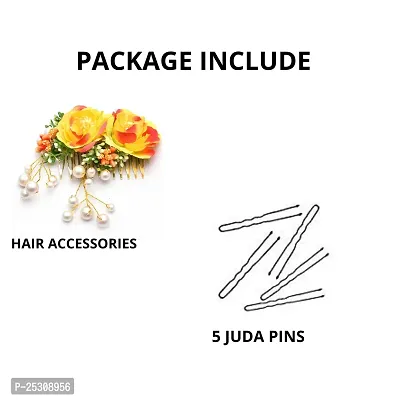 Vanity Glam Yellow Artificial Flower Hair Accessories Shaped Wedding Hair Pins  Juda Pins for Women and Girls - (Yellow Orange ) (5 Pieces Hair Pins  1 Hair Accessories) (Multiple Styles)-thumb3