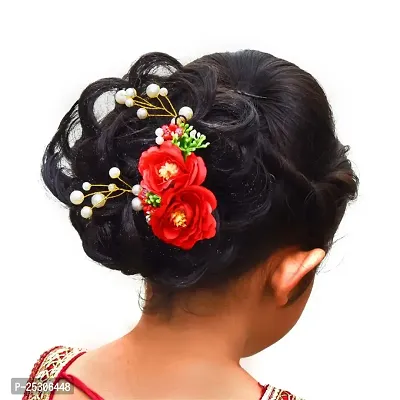 Vanity Glam Kids Attractive Artificial Flower Shaped Wedding Hair Accessories/Hair Pins/Juda Pins for Kids Girls - (Red Green ) (5 Pieces Hair Pins  1 Hair Accessories) (Multiple Styles)-thumb0