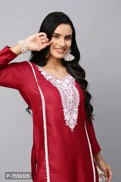 Womens Straight Cotton Embroidered Lucknowi Kurti-thumb2