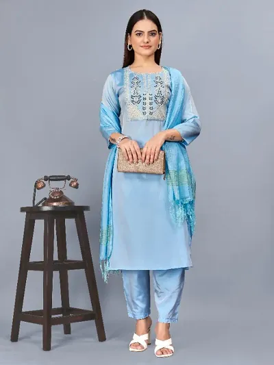 Beautiful Silk Blend Embroidered Kurta Bottom And Dupatta Set