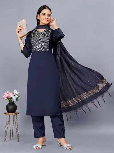 Beautiful Silk Blend Embroidered Kurta Bottom And Dupatta Set