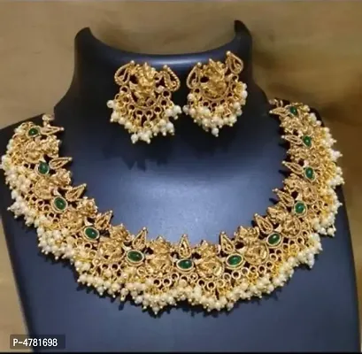 Traditional Green Alloy Necklace With Earrings Set for Women's