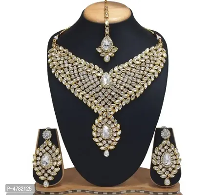 Trendy Alloy Gold Plated And Kundan Necklace With Earring And Mangtika For Women