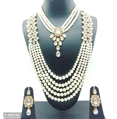 Trendy Alloy Kundan Pearl White Necklace And Choker With Earring For Women-thumb0