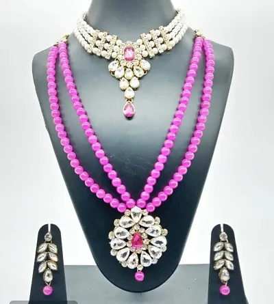 Elegant Designer Multi Layered Beaded Kundan Party Wear Necklace Set