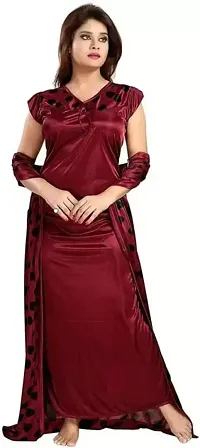 Beautiful 2 PCS Set Satin Maxi Night Dress Night Suits Nighty for Women (MX_Dress_Model_02)-thumb1