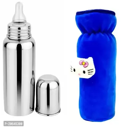 Fashionmini Baby Feeding 304 Grade Stainless Steel Bottle 250ml with Silicone Nipple and Beautiful Teddy Patch Bottle Cover.-thumb0