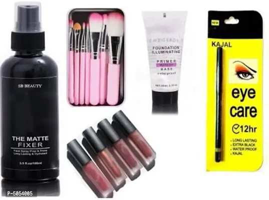 Makeup Combo set 1 face primer + 1 matte fixer +7pc mini  makeup brush set + 4 red edition matte lipstick +1 kajal
