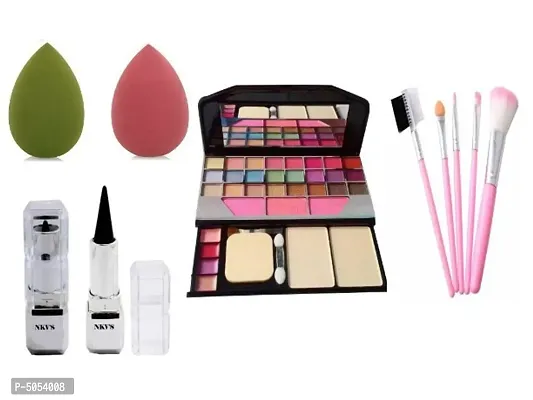 Makeup kit combo of eyeshadow makeup kit 7Pc black brush with 2 puff with 1 Lipstick Kajal waterproof  (9 Items in the set)