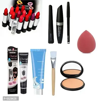 Face Makeup Combo set 12pc Balm Lipstick with 3in 1 mascara set 1 beauty Blender  1 ice Cream Face mask gel 1 face pack brush set 1 face compact powder