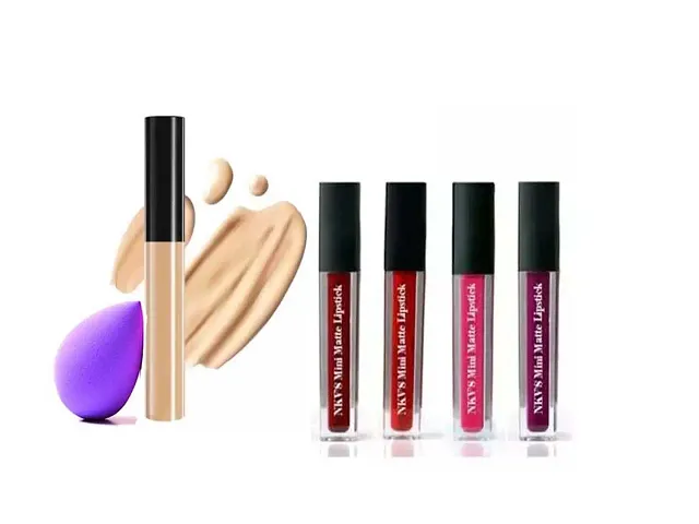 Face Makeup Combo Kit Mini Matte Liquid Lipstick With Liquid Concealer With Beauty Blender