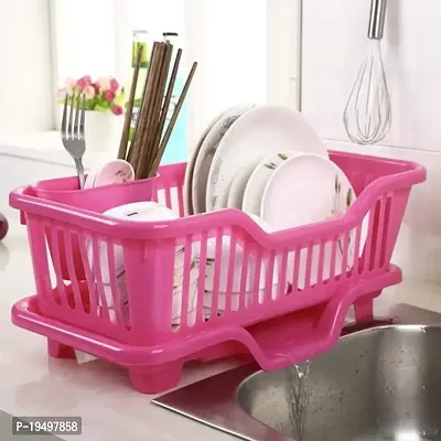 SORATH 3 in 1 Large Durable Plastic Kitchen Sink Dish Rack Drainer Drying Rack Washing Basket with Tray for Kitchen, Dish Rack Organizers, Utensils Tools Cutlery -(Pink)-thumb2