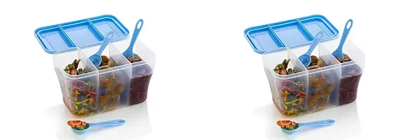 SORATH 1100 ML Multipurpose Plastic Transparent 3 In 1 Airtight Storage Container With 3 Spoons for Kitchen, 3 Compartment Fridge Container, To store Spice, Pulse, Pickle, Snacks