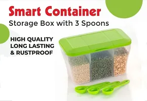 SORATH 1100 ML Multipurpose Plastic Transparent 3 In 1 Airtight Storage Container With 3 Spoons for Kitchen, 3 Compartment Fridge Container to store Spice, Pulse, Pickle, Snacks(Multicolour set of 2)-thumb1