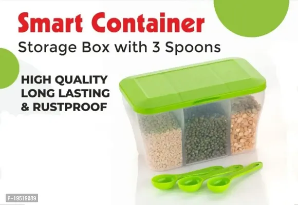 SORATH 1100 ML Multipurpose Plastic Transparent 3 In 1 Airtight Storage Container With 3 Spoons for Kitchen, 3 Compartment Fridge Container to store Spice, Pulse, Pickle, Snacks(Multicolour set of 2)-thumb2