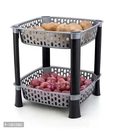 SORATH Square 2 Layer Multipurpose Shelf Stand Basket Rack for Kitchen  Office Use Easy-to-Move Slide Out Stand Rack Basket Fruits  Vegetables Basket Stand-(Grey)