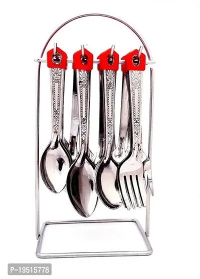 SORATH Diamand Wire Stand Stainless Steel Spoon Set, Fork Set, Tea Spoon Set, Butter Knife Set, Cutlery Set of 24 Pieces with Wire Stand-(Red)