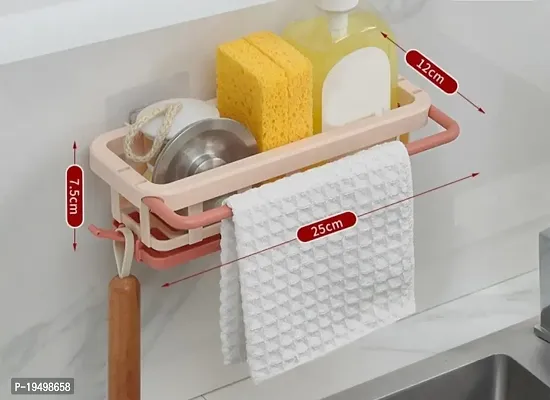 SORATH Unbreakable Plastic Multipurpose Rectangular Wall Mount Bathroom Shelf with Napkin Rod, Adhesive Sticker Storage Rack Hanging Organizer for Kitchen  Bathroom Organizer-(Pack of 1, Peach)-thumb2