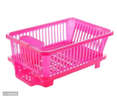 SORATH 3 in 1 Large Durable Plastic Kitchen Sink Dish Rack Drainer Drying Rack Washing Basket with Tray for Kitchen, Dish Rack Organizers, Utensils Tools Cutlery -(Pink)-thumb0