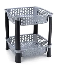 SORATH Square 2 Layer Multipurpose Shelf Stand Basket Rack for Kitchen  Office Use Easy-to-Move Slide Out Stand Rack Basket Fruits  Vegetables Basket Stand-(Grey)-thumb3