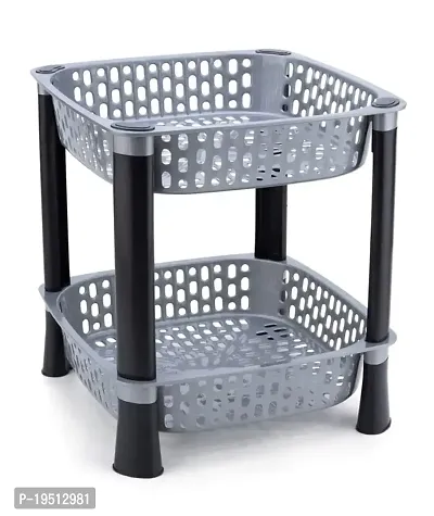 SORATH Square 2 Layer Multipurpose Shelf Stand Basket Rack for Kitchen  Office Use Easy-to-Move Slide Out Stand Rack Basket Fruits  Vegetables Basket Stand-(Grey)-thumb4