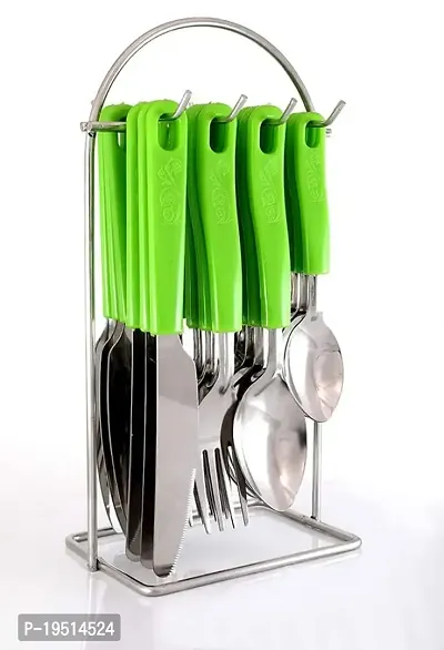 SORATH Royal Wire Stand Stainless Steel Spoon Set, Fork Set, Tea Spoon Set, Butter Knife Set, Cutlery Set of 24 Pieces with Wire Stand-(Green)
