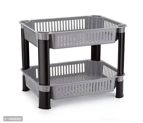 SORATH Rectangular 2 Layer Multipurpose Shelf Stand Basket Rack for Kitchen  Office Use Easy-to-Move Slide Out Stand Rack Basket Fruits  Vegetables Basket Stand-(Grey)-thumb2