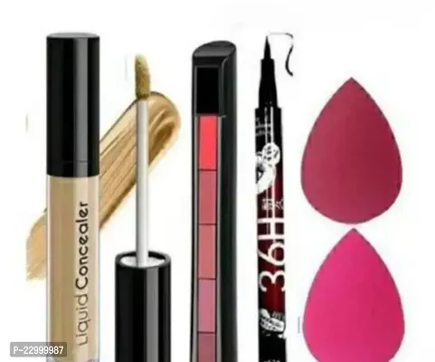 Combo of 1 concealer+5 in1 lipstick+1 long lasting waterproof eyeliner+2 makeup sponges