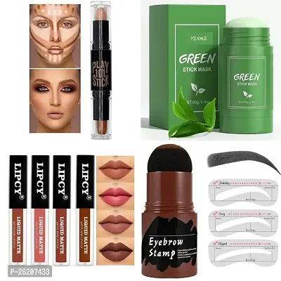 Combo of 2 in 1 contour highlighter stick+green tea face stick mask+matte mini 4 nude edition lipsticks+eyebrow stamp